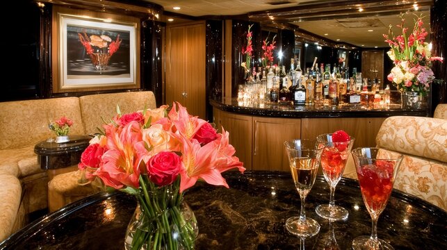 Luxurious yacht lounge with bar and floral arrangements.  A lavish interior with comfortable seating, a well-stocked bar, and elegant floral displays
