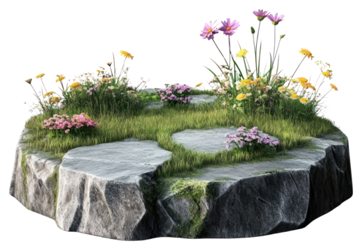 PNG Grass field rocky with flower podium flowers grass wildflowers.
