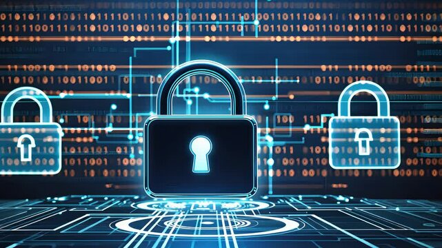 Glowing Digital Padlocks on Binary Code Background with Circuit Patterns Depicting Cybersecurity and Data Protection

