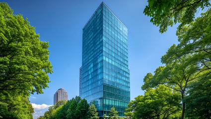 Obraz premium Modern glass skyscraper surrounded by lush greenery