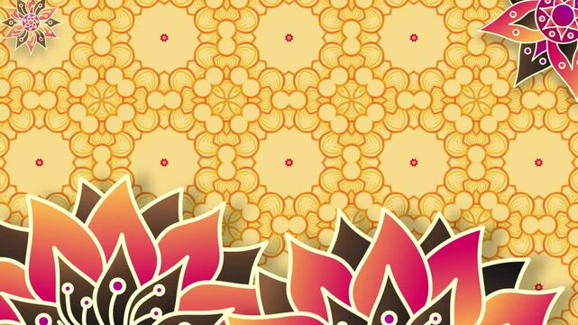 A dynamic and colorful motion graphic showcasing symmetrical mandala patterns in warm pink, orange, and black tones