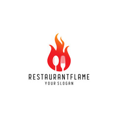Restaurant Flame Logo Design: Red Orange Fire Icon with Fork and Spoon
