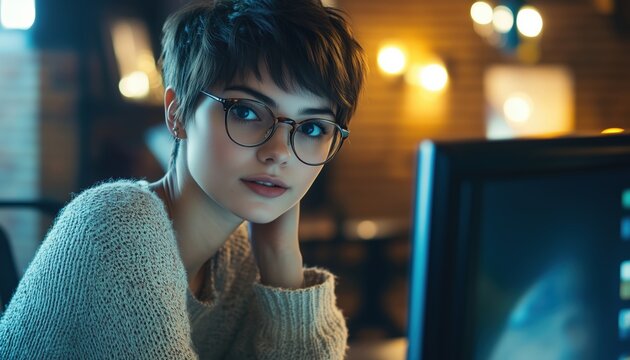 Cheerful Female Student With Glasses And Short Hair Chatting On Social Networks With Friend In Coffee Shop Using High-Speed Internet. - Powered by Adobe