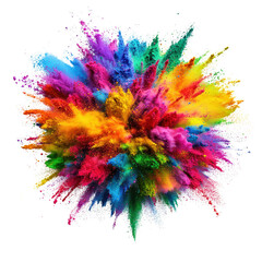 Vibrant and colorful explosion of powder in the air creating a spectacular display of art and celebration isolated on transparent background..
