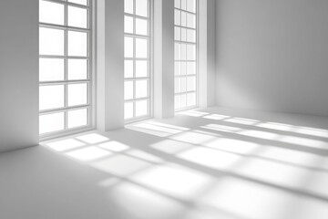 Bright white room with three large windows and sunlight casting shadows on the floor in a minimal style