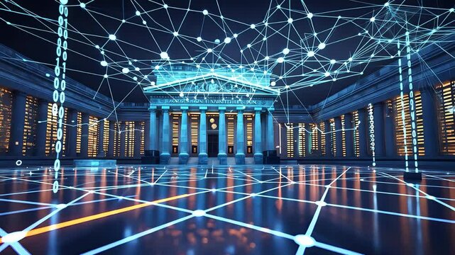 Digital Network Overlay on Classical Government Building with Futuristic Grid Floor and Connected Dots in Blue Lighting

