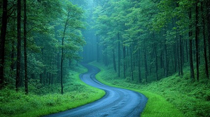Fototapeta premium Serene Winding Road Through Lush Green Forest