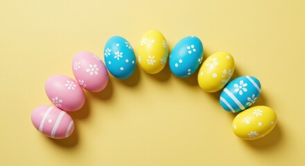 Colorful Easter Eggs in a Semi-Circle on Yellow Background