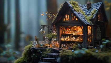 Fototapeta premium Enchanted Forest Apothecary: A Miniature Fairytale Cottage