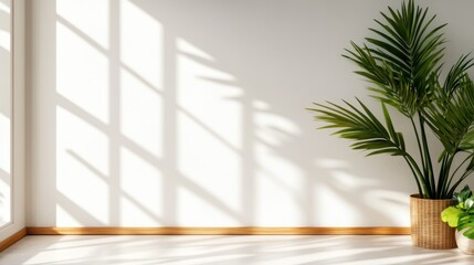 This image features a beautiful green palm plant in a woven basket, positioned in a bright corner with soft shadows, creating a serene and inviting indoor environment.
