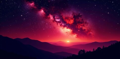 Fototapeta premium Vibrant red night sky with glittering stars and milky way galaxy, celestial, milky way, red