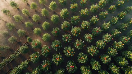 Aerial View Of Lush Orchard Farm With Fruit Trees And Morning Mist