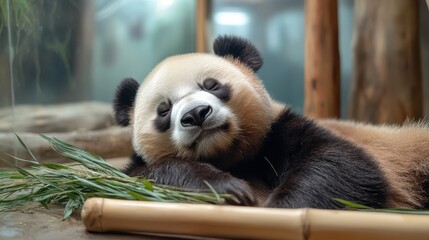 Obraz premium A cute panda lounges peacefully with bamboo, showcasing its calm nature. This enchanting scene captures the beauty of wildlife and the concept of tranquility in a natural setting.