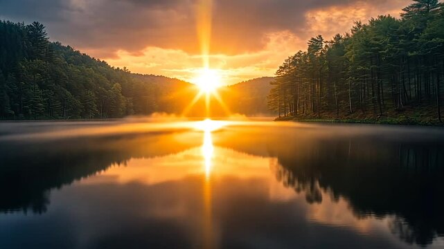 Serene sunrise over a calm lake nestled in a forest, reflecting the vibrant sky