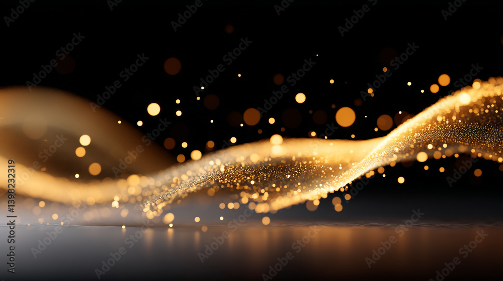 Poster a golden wave of particles flowing across a dark background with bokeh and reflective surface below
