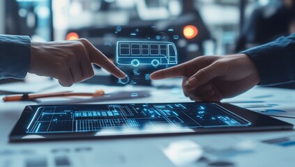 Two hands interact with a digital tablet displaying a bus icon, representing transportation technology and planning.