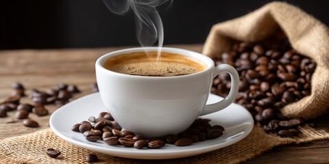 Fototapeta premium Hot Coffee on Wooden Table