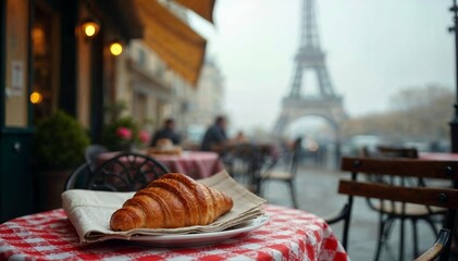 A cafe with tables and chairs in Paris. Paris cafe with Eiffel Tower view. 
