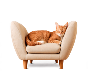 Adorable ginger cat peacefully sleeps in a small comfy armchair, creating a heartwarming and cozy scene, showcasing domestic bliss and feline contentment