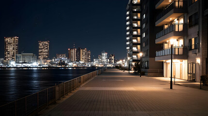 Fototapeta premium Night City Waterfront Path with Illuminated Buildings