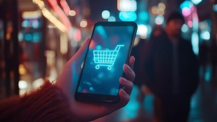 A hand holds a smartphone showing a digital shopping cart icon against the backdrop of colorful city lights at night - Powered by Adobe