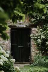 A delightful rustic door is beautifully framed by vibrant greenery and blooming flowers, creating a serene atmosphere in a tranquil garden retreat under the gentle warmth of daylight