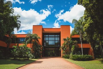 Obraz premium The stunning architecture of a contemporary building stands out brilliantly, encircled by vibrant greenery, all under a serene blue sky filled with fluffy, white clouds