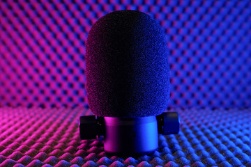 A microphone with a black foam windscreen stands against a backdrop of textured acoustic foam illuminated by contrasting pink and blue neon lights.
