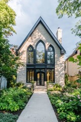 Naklejka premium Charming stone house features elegant gothic architecture surrounded by lush greenery and a well-maintained garden in a serene neighborhood