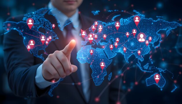 Businessman pointing at a digital world map with location pins and network connections visible on screen