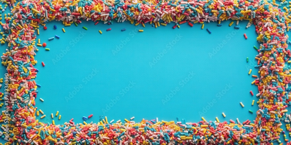 Fototapete A vibrant rectangular frame composed of multicolored sugary sprinkles on a bright blue background, perfect for adding a cheerful touch to any design.
