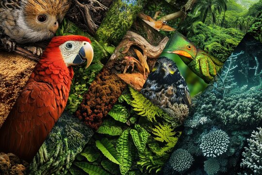 Vibrant wildlife exhibition tropical rainforest digital art nature close-up conservation message