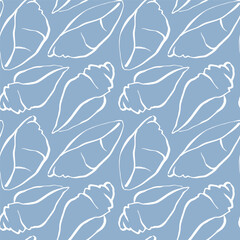 Hand drawn sea shells blue white seamless pattern in doodle sketchy style on blue background. Line art sea shell vector background