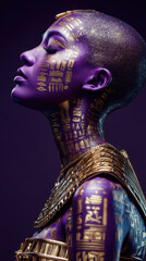 Futuristic portrait of African woman in purple and gold cyber makeup with glowing patterns and sci-fi theme &ndash; Phone wallpaper
