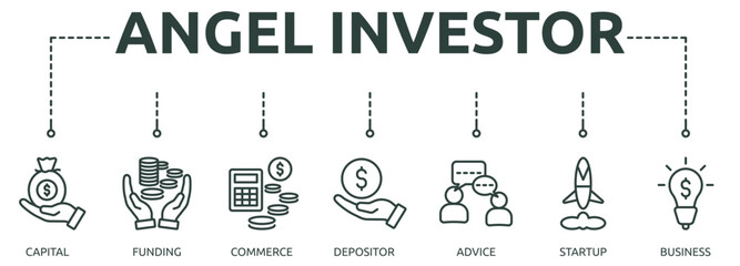 angel investor outline banner icon of capital, funding, commerce, depositor, advice, startup, business