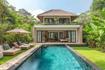 Wide-angle exterior photo of a two-story bungalow in Bali, featuring a thatched roof, pool, garden, tropical plants, modern furniture, and open-air style with stone walls and wooden doors, under a sun