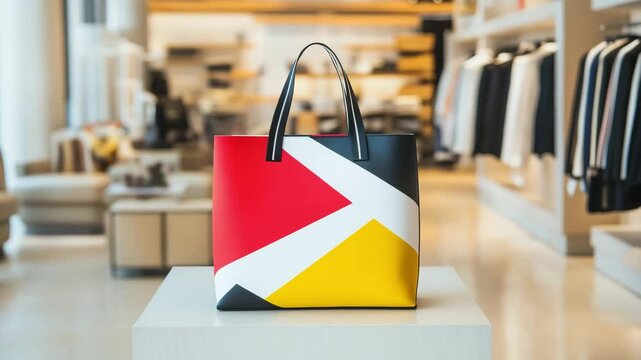 A tote bag featuring bold colors and geometric patterns is showcased on a table inside a contemporary retail store setting