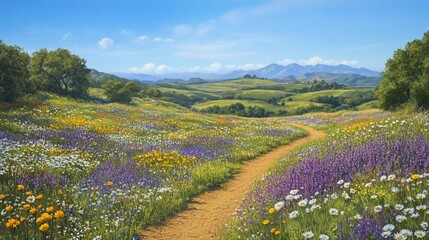 Sunny day path through vibrant wildflowers and rolling hills.