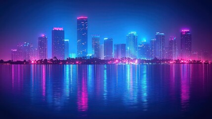 Obraz premium Miami Nightscape: Neon City Skyline Reflected in Calm Waters