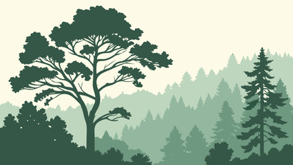 Abstract forest silhouette with fog layers in soft green tones  