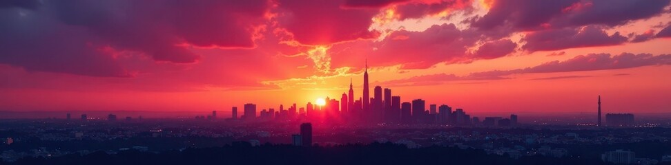 Vibrant sunset hues paint city skyline; dark towers silhouette against fiery sky , background, sky