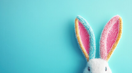 A fluffy white Easter bunny with pastel pink and blue ears peeks playfully from the bottom right corner of a vibrant light blue background.