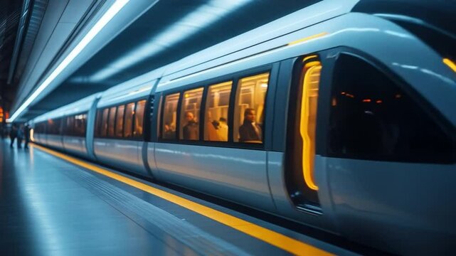 Modern Train in Subway: A sleek, futuristic train glides through a modern subway station, illuminated by the cool, ethereal glow of the tunnel, offering a glimpse of the journey ahead.