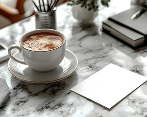 Minimalist gift card on a marble desk with elegant office accessories