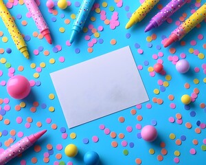 A blank card surrounded by colorful notes and markers for personalized messages  long title A blank white card is centered among a vibrant array of