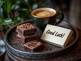 A thoughtful  Good Luck  message on a card alongside a cozy coffee and cookie