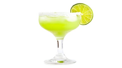 Fototapeta premium Classic Margarita Cocktail with Lime Wedge and Salt Rim on White Background