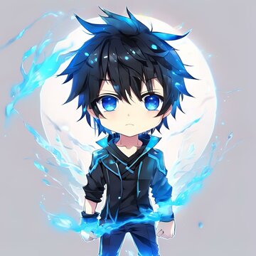 A chibi anime guy with blue eyes