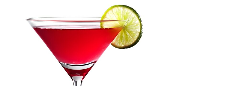 Cosmopolitan Cocktail in a Chilled Glass with Lime Twist on White Background