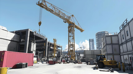 Construction Site With Crane And Industrial Machinery